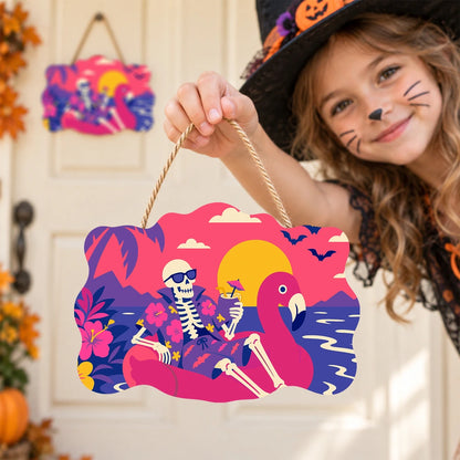 Paint by Numbers - Wooden Door Hanger | Skeleton on a Flamingo Float