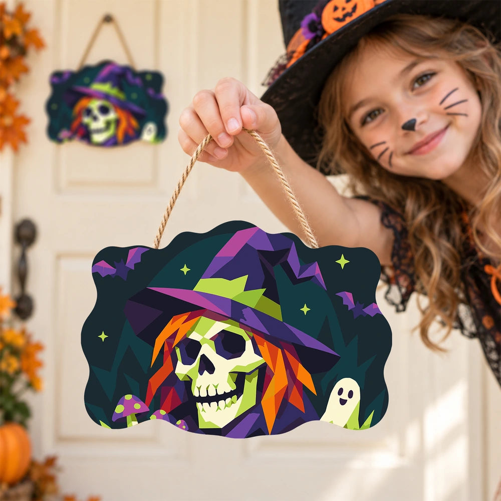 
Paint by Numbers - Wooden Door Hanger | Skull Witch in Geometric Style