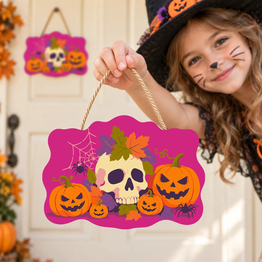 Paint by Numbers - Wooden Door Hanger | Skull with Autumn Leaves and Pumpkins