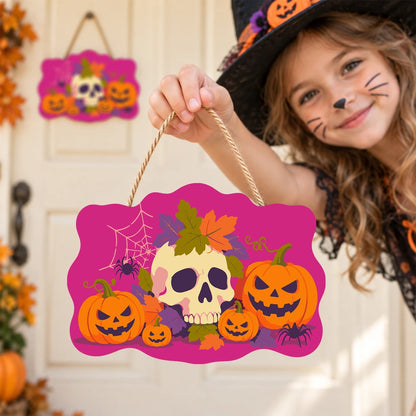 Paint by Numbers - Wooden Door Hanger | Skull with Autumn Leaves and Pumpkins