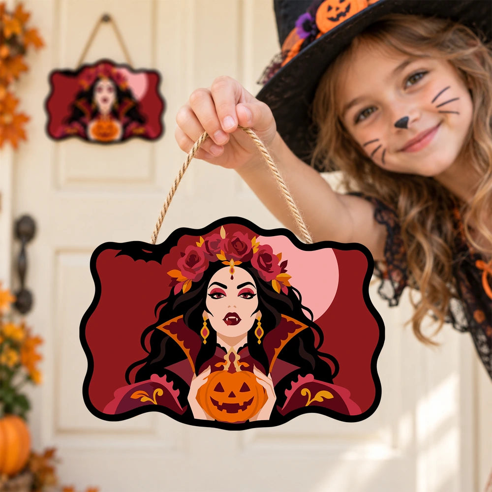 Paint by Numbers - Wooden Door Hanger | Vampire Queen with a Jack-o'-Lantern