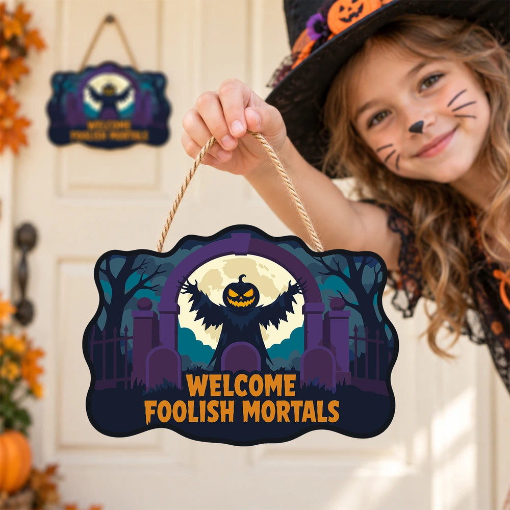 Paint by Numbers - Wooden Door Hanger | Welcome Foolish Mortals Pumpkin Bat