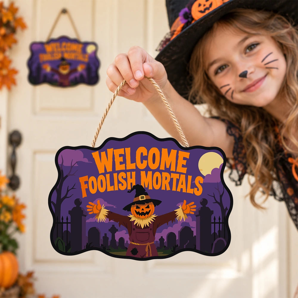 Paint by Numbers - Wooden Door Hanger | Welcome Foolish Mortals Pumpkin Scarecrow