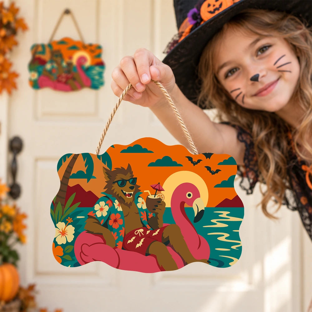Paint by Numbers - Wooden Door Hanger | Werewolf on a Flamingo Float