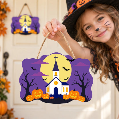 Paint by Numbers - Wooden Door Hanger | White Church Under the Full Moon