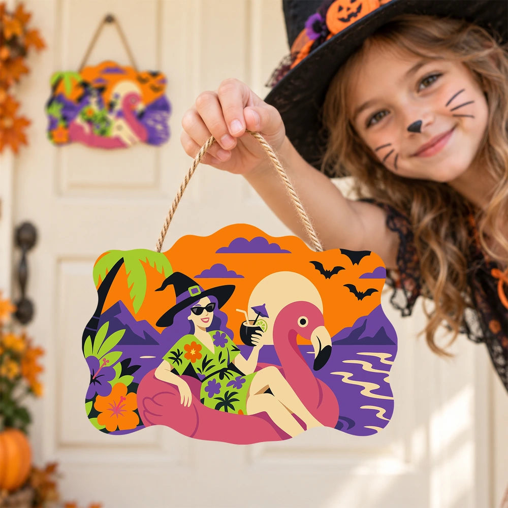 Paint by Numbers - Wooden Door Hanger | Witch on a Flamingo Float