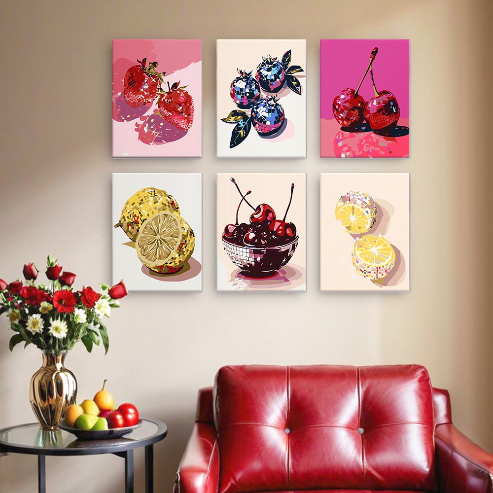 
Paint by Numbers – 6 Mini Paintings | Disco Fruit Pop Art Set