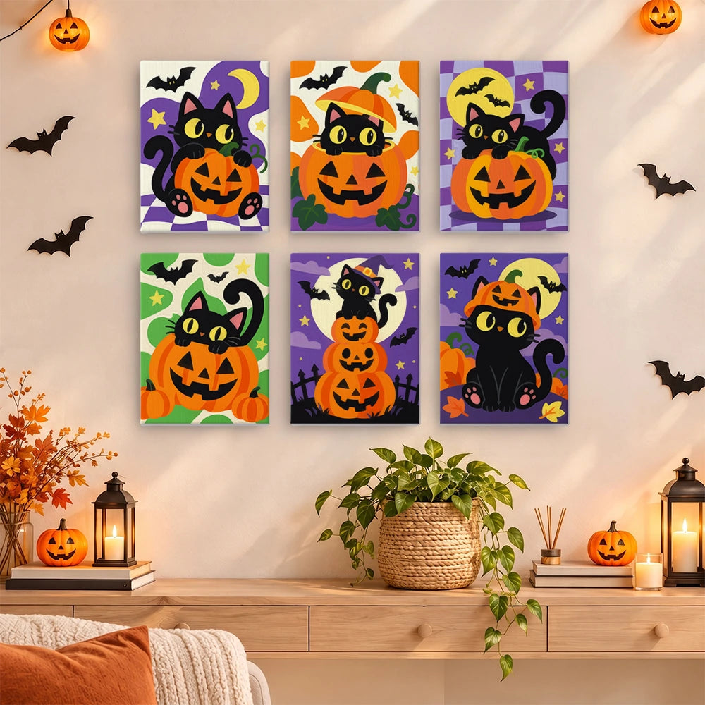Paint by Numbers – 6 Mini Paintings | Black Cats on Jack-o'-Lanterns Set