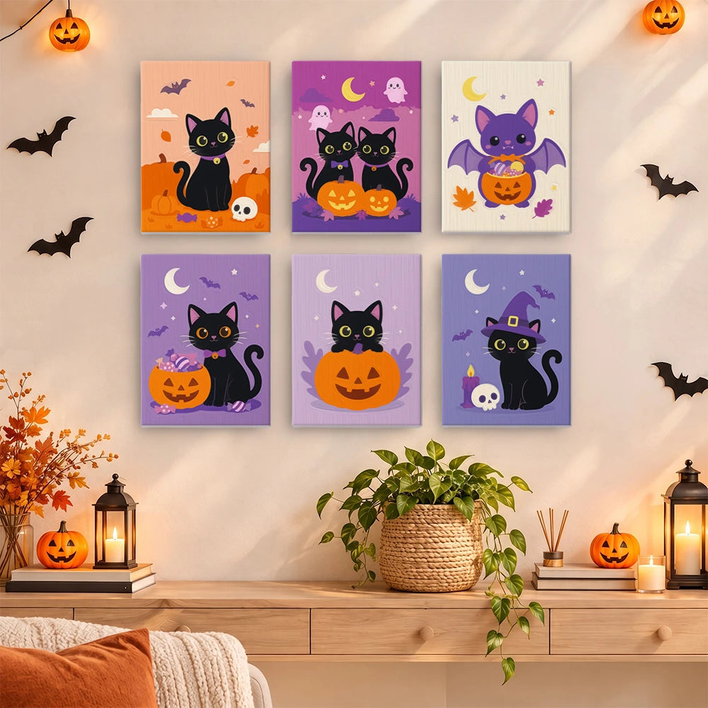 Paint by Numbers – 6 Mini Paintings | Black Cats with Jack-o'-Lanterns Set