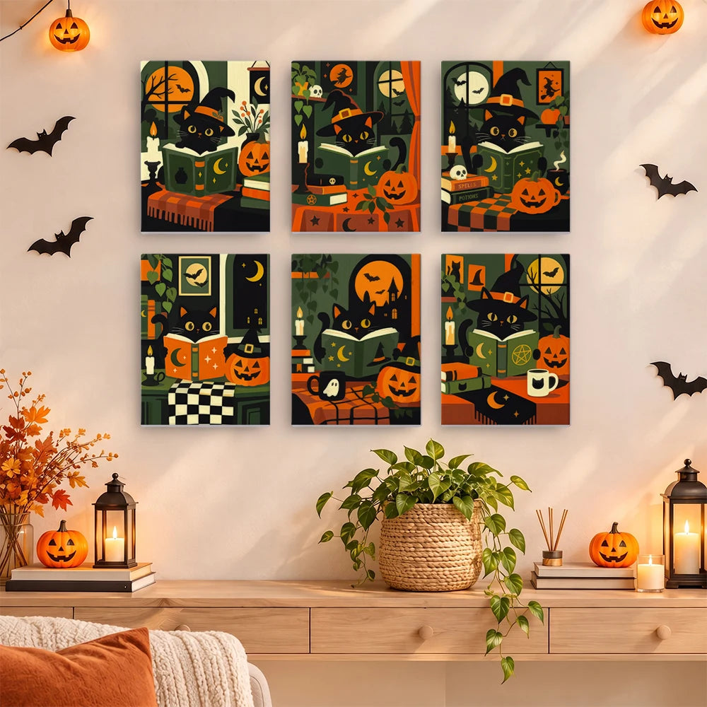 Paint by Numbers – 6 Mini Paintings | Black Cats with Spell Books Set