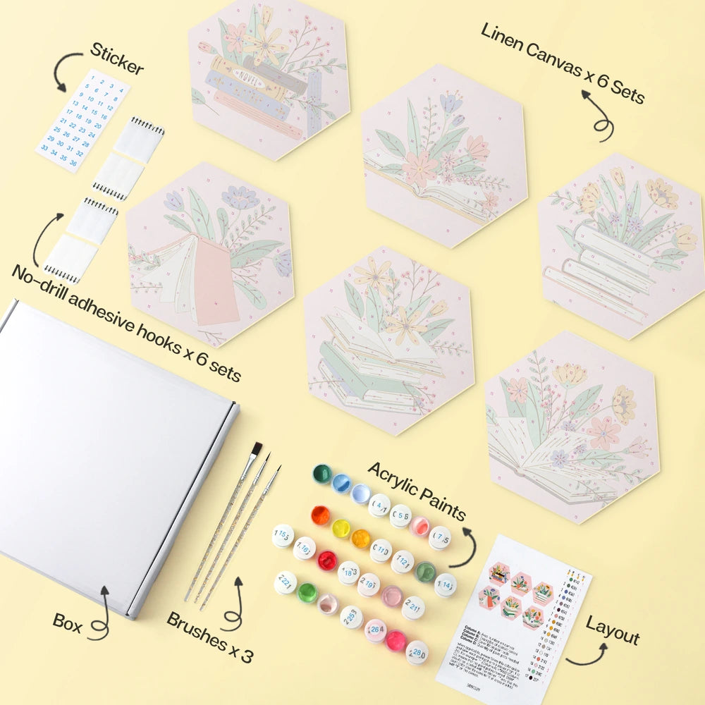 
Paint by Numbers – 6 Mini Paintings | Books and Flowers Hexagons (Hexagon)