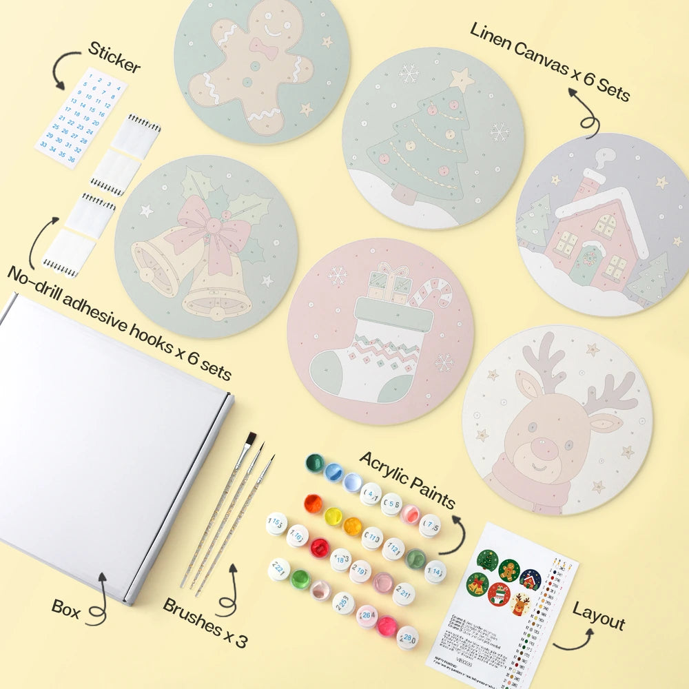 Paint by Numbers – 6 Mini Paintings | Classic Christmas Rounds (Round)