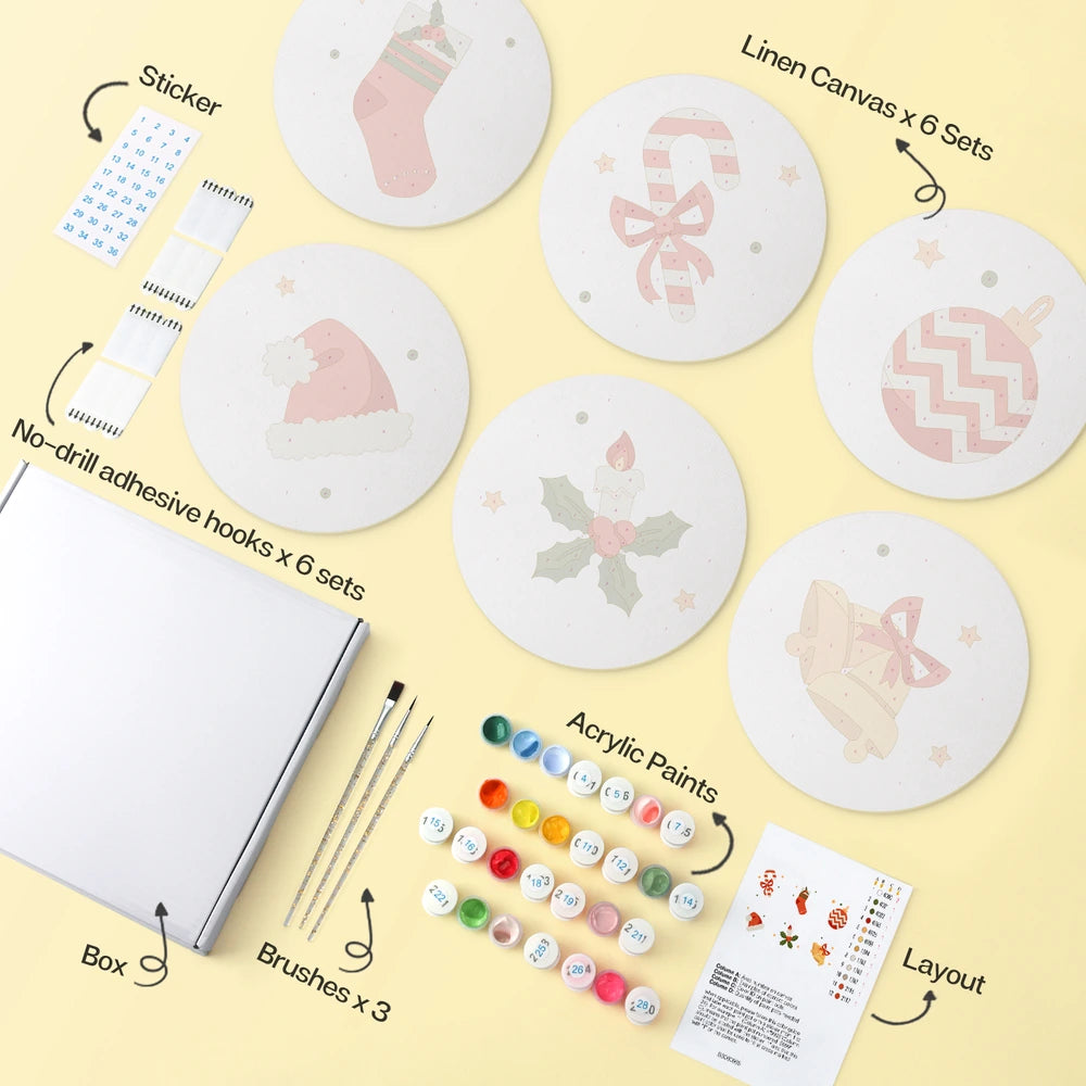 Paint by Numbers – 6 Mini Paintings | Classic Christmas Symbols (Round)