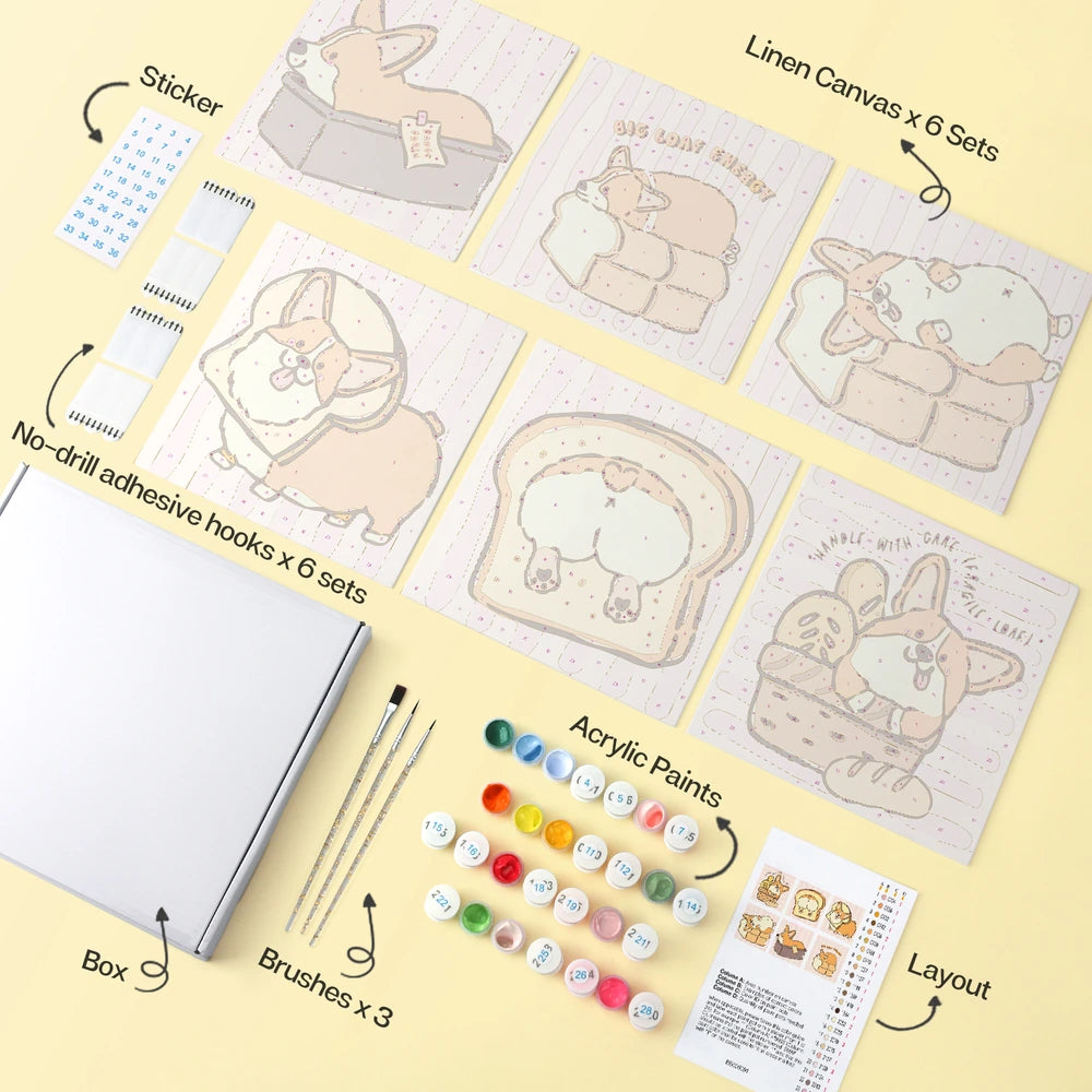 
Paint by Numbers – 6 Mini Paintings | Corgi Bread Bakery (Square)
