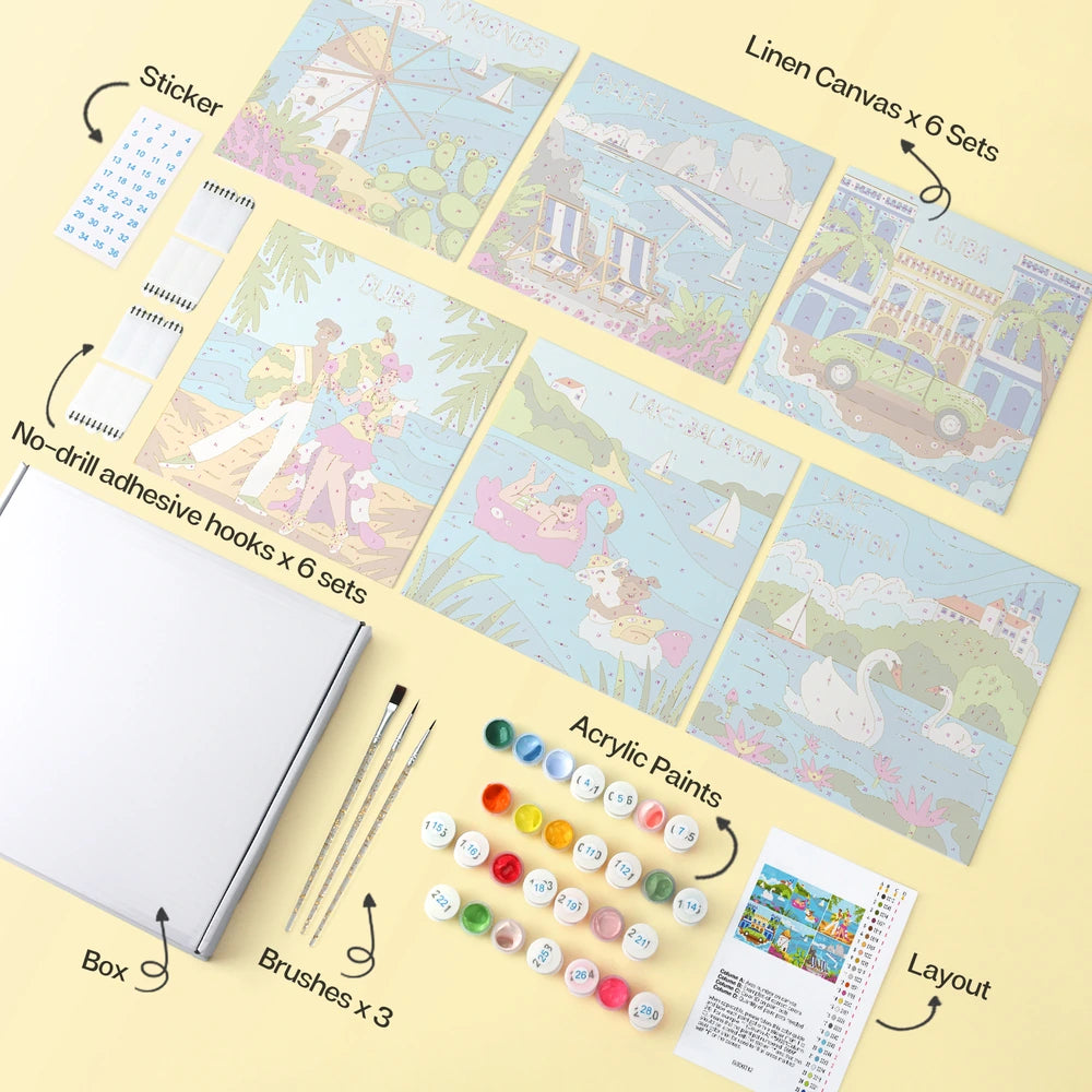 
Paint by Numbers – 6 Mini Paintings | European Holiday Postcards (Square)