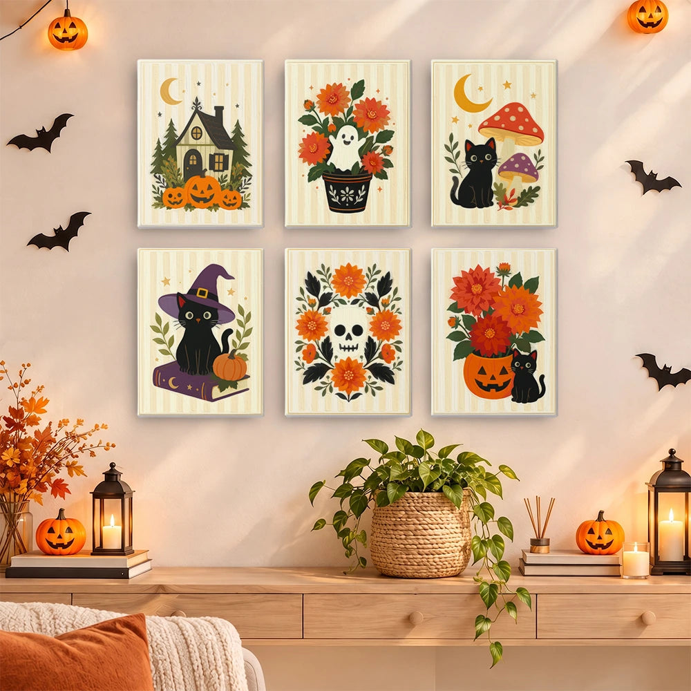 
Paint by Numbers – 6 Mini Paintings | Floral Halloween Cats and Pumpkins Set