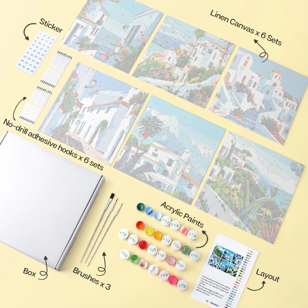 Paint by Numbers – 6 Mini Paintings | Greek Island Alleys (Square)