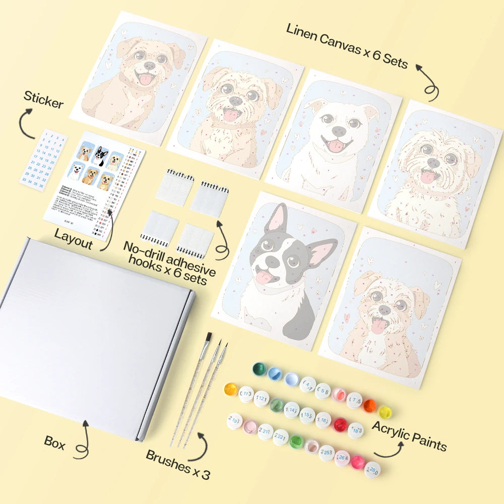 Paint by Numbers – 6 Mini Paintings | Happy Puppy Portraits