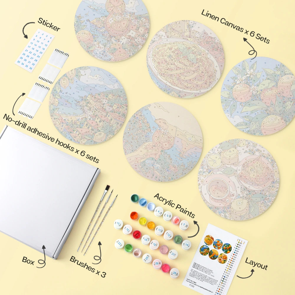 
Paint by Numbers – 6 Mini Paintings | Italian Citrus Summer (Round)