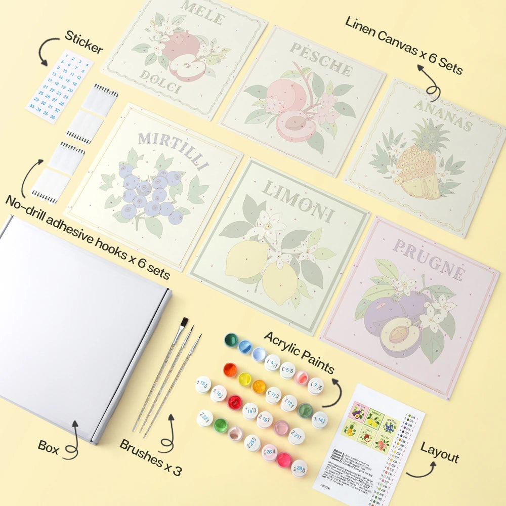 Paint by Numbers – 6 Mini Paintings | Italian Fruit Labels (Square)