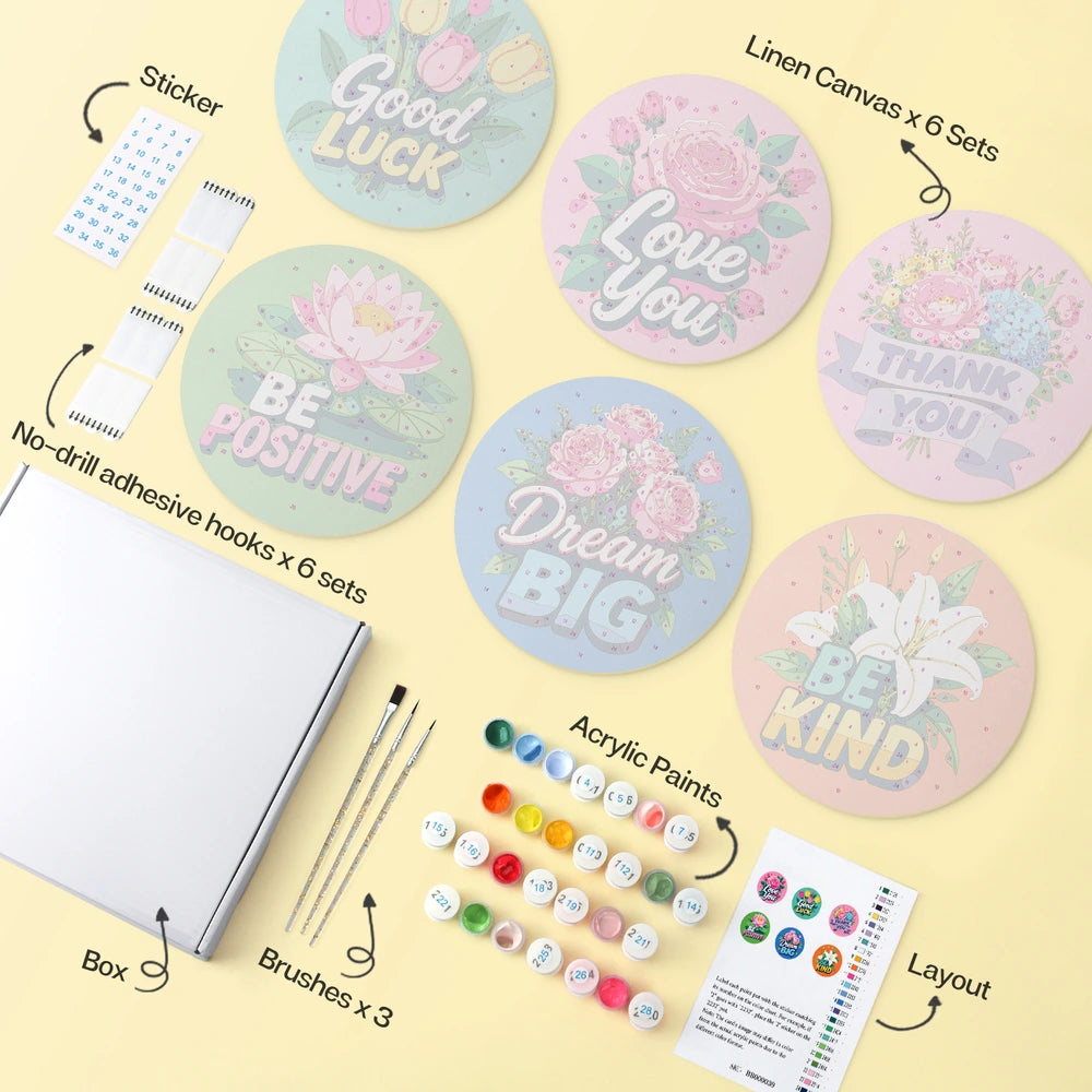 Paint by Numbers – 6 Mini Paintings | Kind Words Flower Rounds (Round)