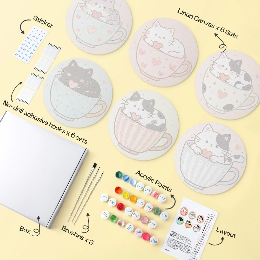 Paint by Numbers – 6 Mini Paintings | Kittens in Teacups (Round)