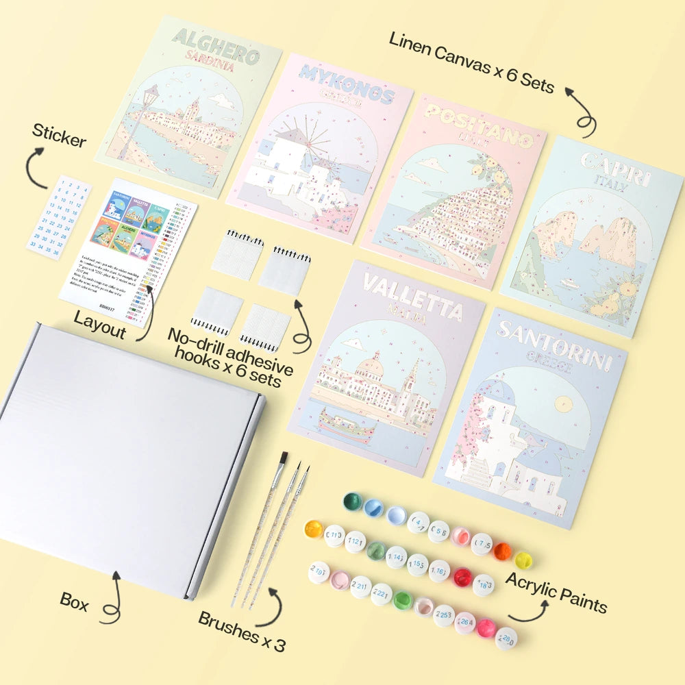 Paint by Numbers – 6 Mini Paintings | Mediterranean Travel Posters
