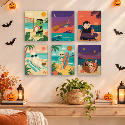 Paint by Numbers – 6 Mini Paintings | Monsters on Beach Vacation Set