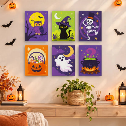 Paint by Numbers – 6 Mini Paintings | Owl, Cat and Dancing Skeleton Set