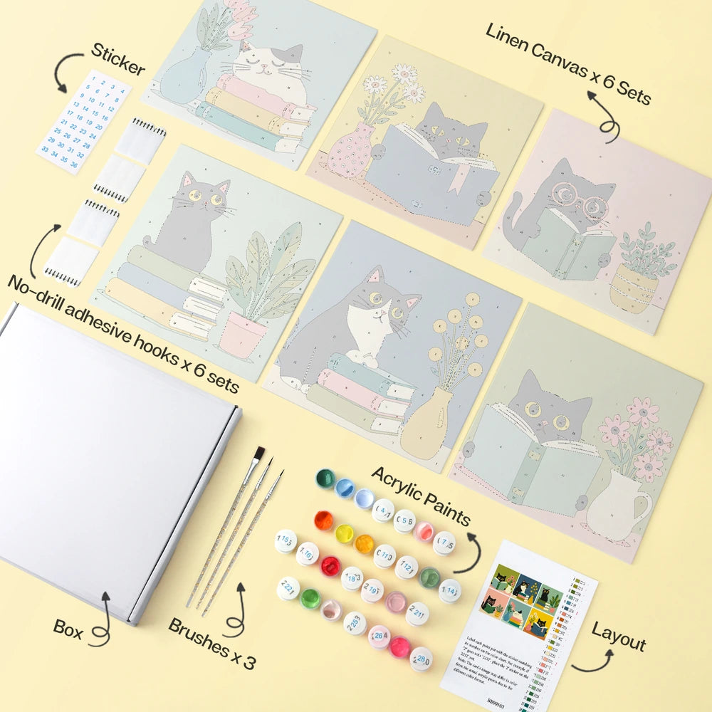 Paint by Numbers – 6 Mini Paintings | Reading Cats with Books (Square)