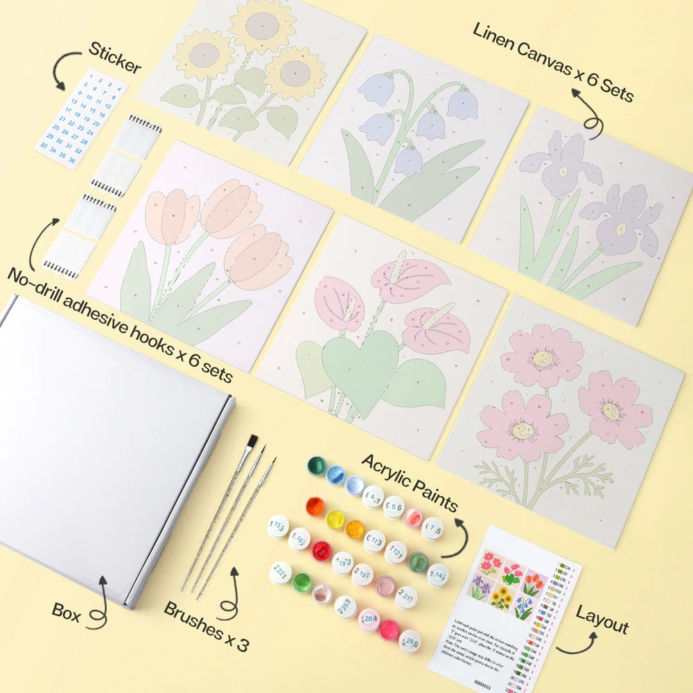
Paint by Numbers – 6 Mini Paintings | Simple Garden Blooms (Square)