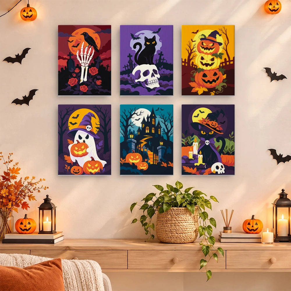 
Paint by Numbers – 6 Mini Paintings | Skulls and Pumpkins by Moonlight Set