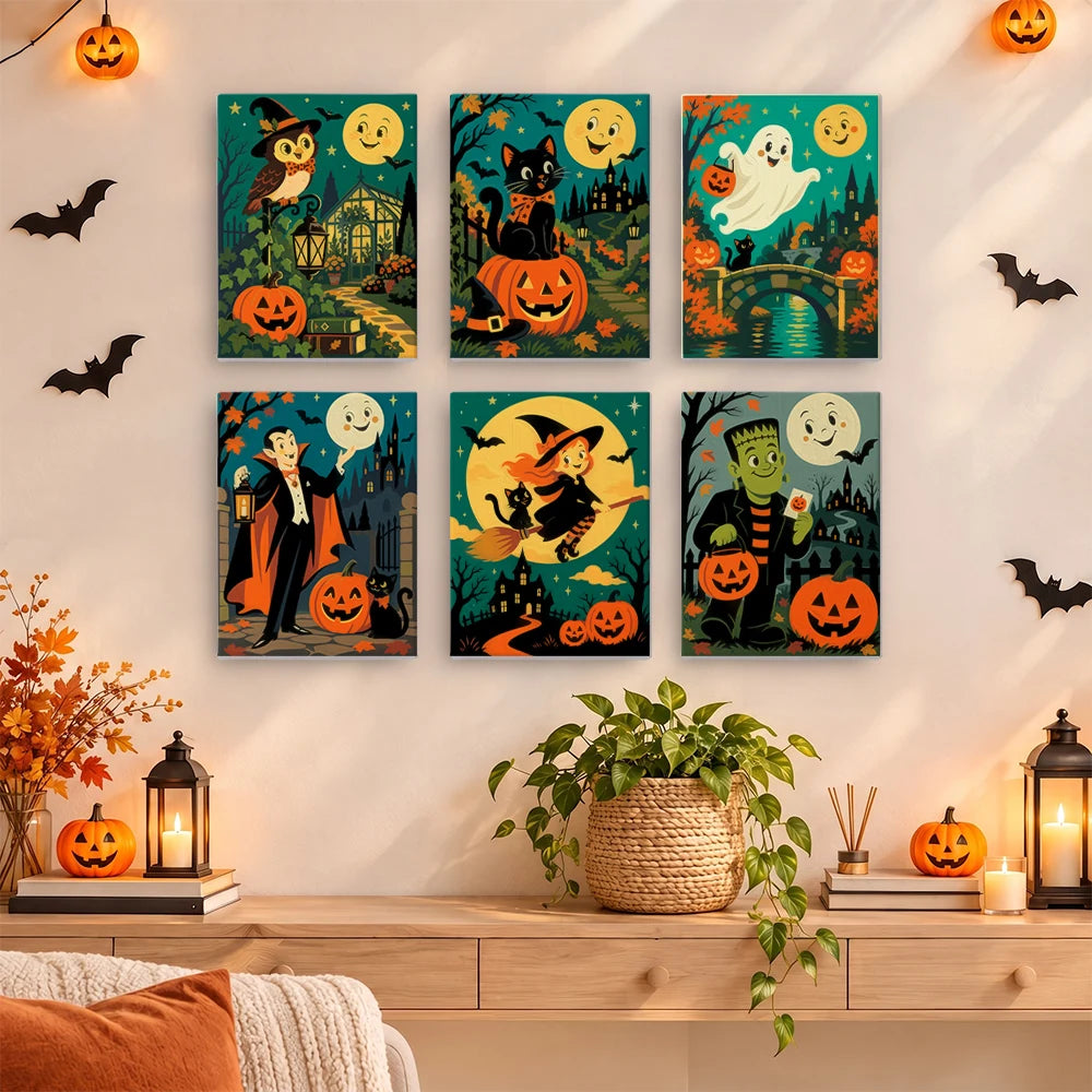 Paint by Numbers – 6 Mini Paintings | Vintage Moon Face Monster Night Set
