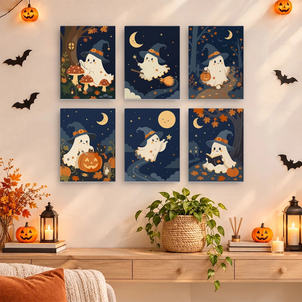 
Paint by Numbers – 6 Mini Paintings | Witch Hat Ghosts at Night Set