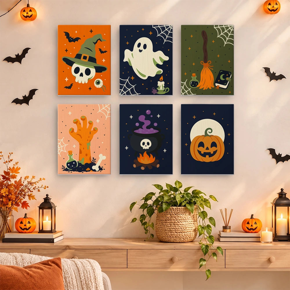 Paint by Numbers – 6 Mini Paintings | Witch Hat Skull and Broomstick Set