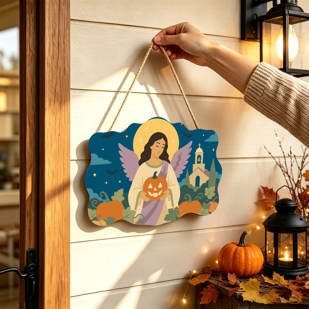 Paint by Numbers - Wooden Door Hanger | Angel with a Jack-o'-Lantern by the Church