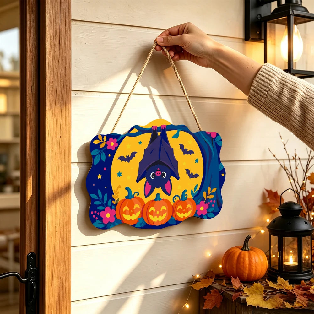 Paint by Numbers - Wooden Door Hanger | Bat Hanging Over the Pumpkins