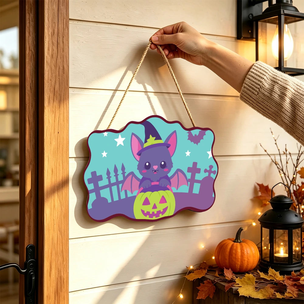 
Paint by Numbers - Wooden Door Hanger | Bat in a Witch Hat with a Pumpkin