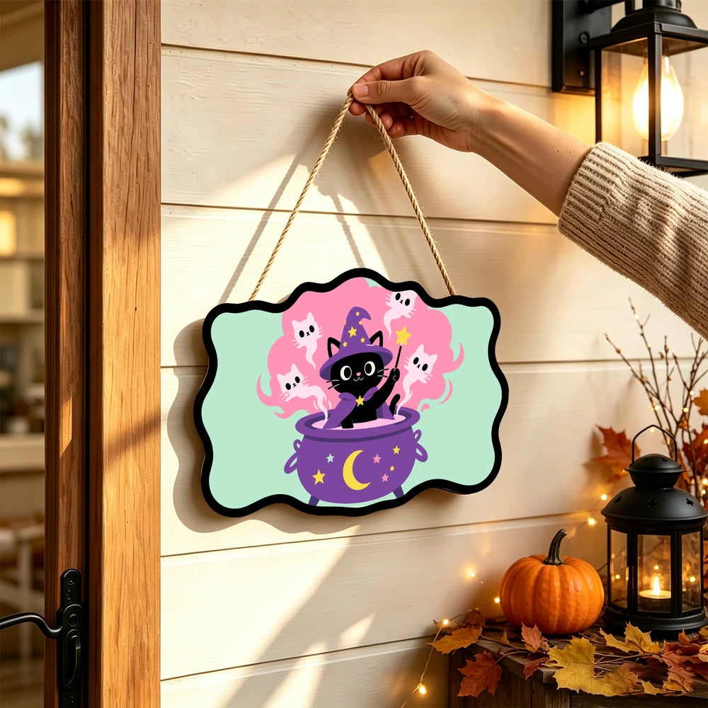 Paint by Numbers - Wooden Door Hanger | Black Cat Magician in the Cauldron
