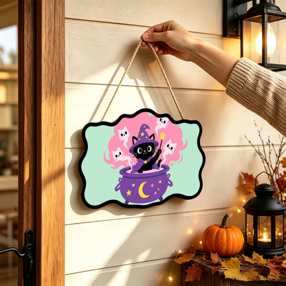 Paint by Numbers - Wooden Door Hanger | Black Cat Magician in the Cauldron