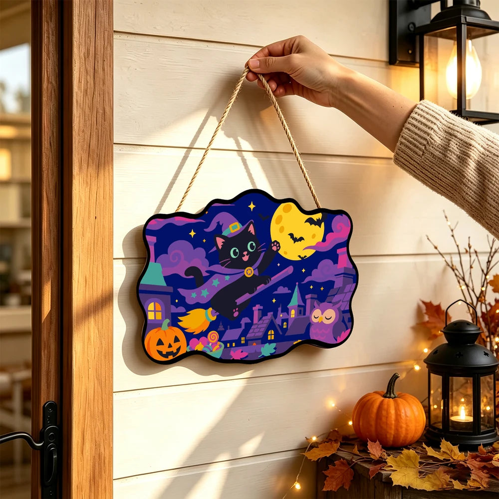 
Paint by Numbers - Wooden Door Hanger | Black Cat Witch Flying Over Town