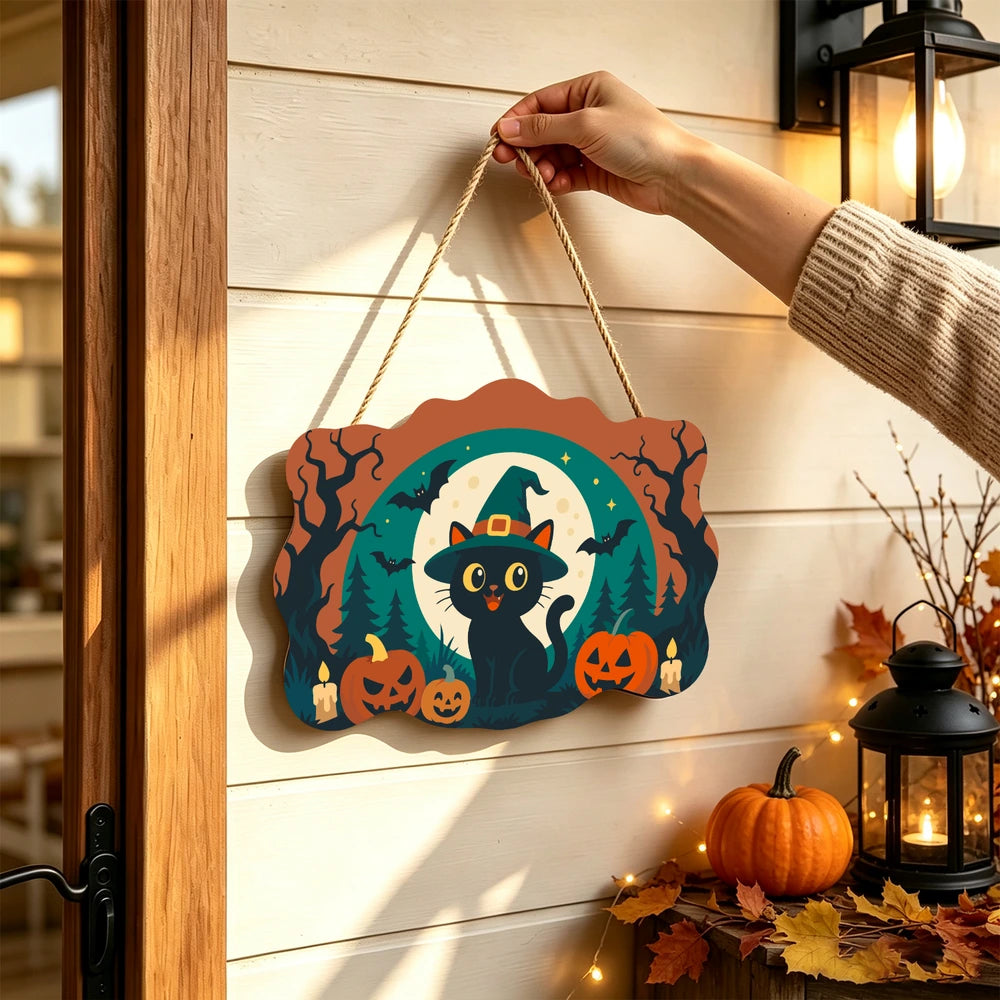 Paint by Numbers - Wooden Door Hanger | Black Cat in a Witch Hat with Pumpkins