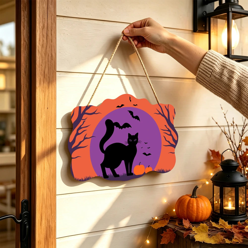 Paint by Numbers - Wooden Door Hanger | Black Cat in the Purple Moon