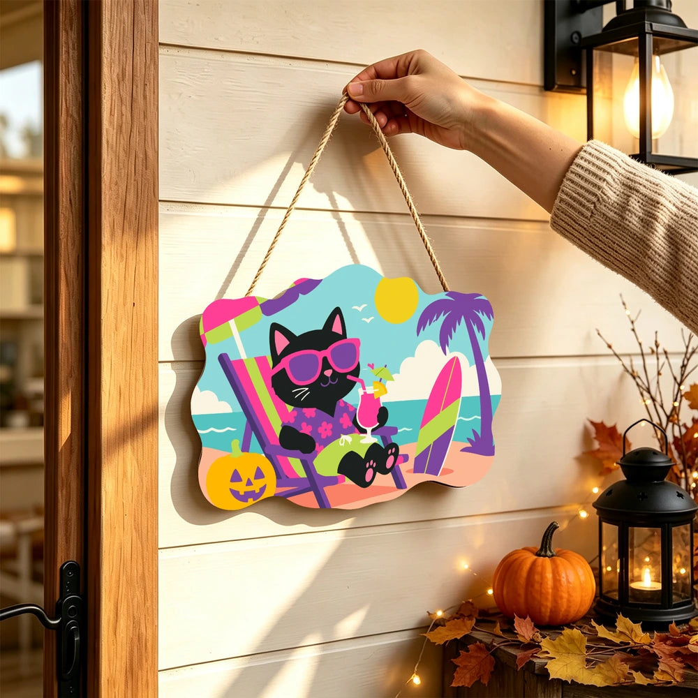 Paint by Numbers - Wooden Door Hanger | Black Cat on Vacation