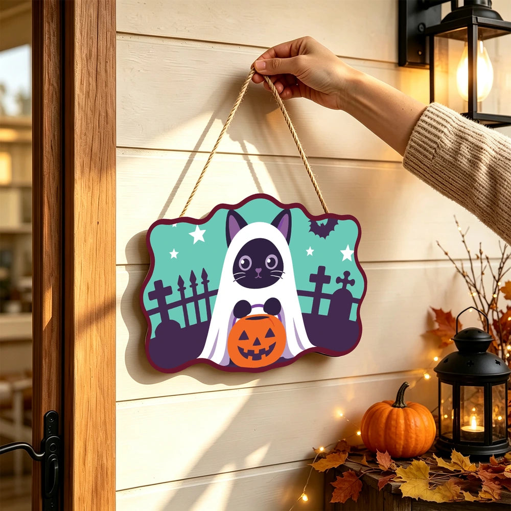 Paint by Numbers - Wooden Door Hanger | Ghost Cat with a Pumpkin