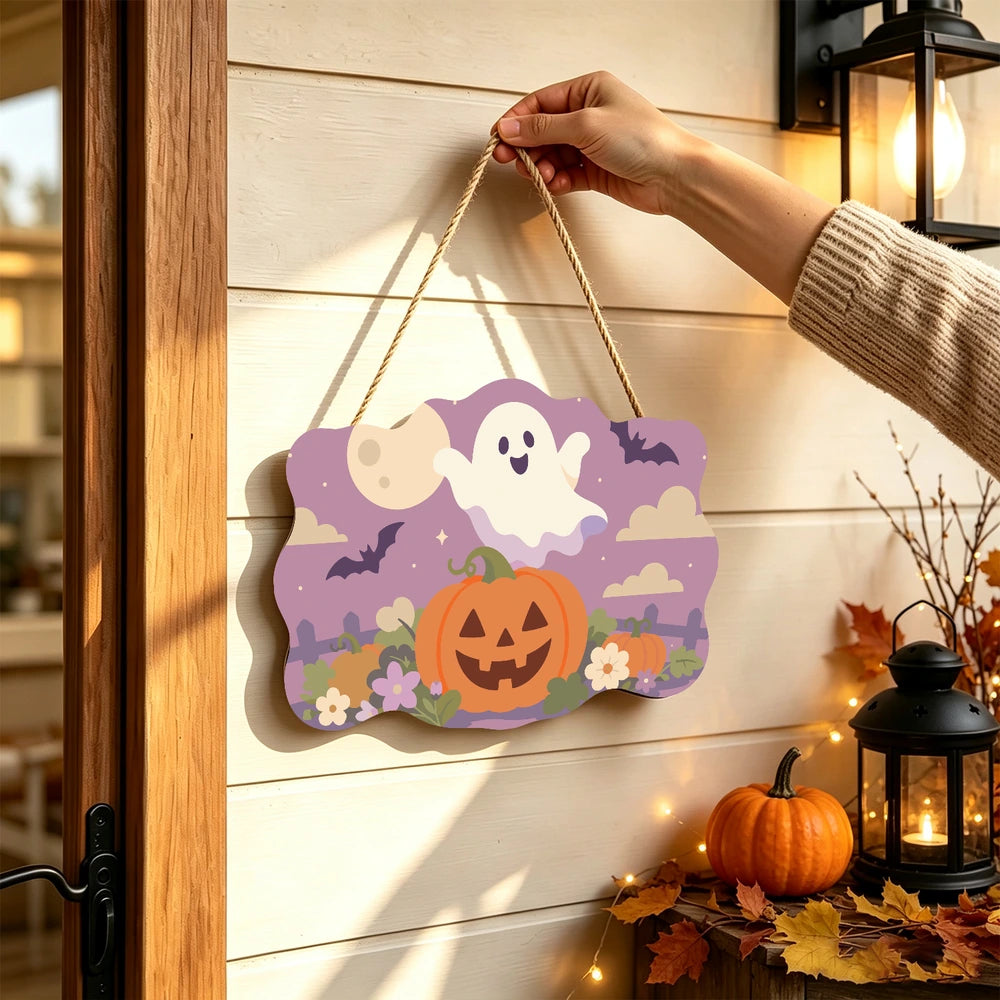 
Paint by Numbers - Wooden Door Hanger | Ghost Over a Jack-o'-Lantern at Dusk