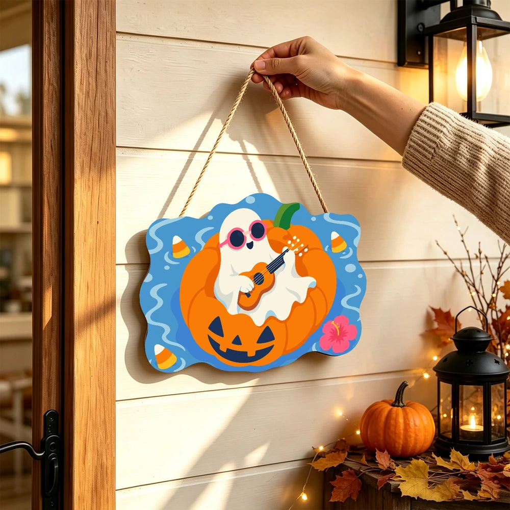 Paint by Numbers - Wooden Door Hanger | Ghost Playing Ukulele on a Pumpkin Float