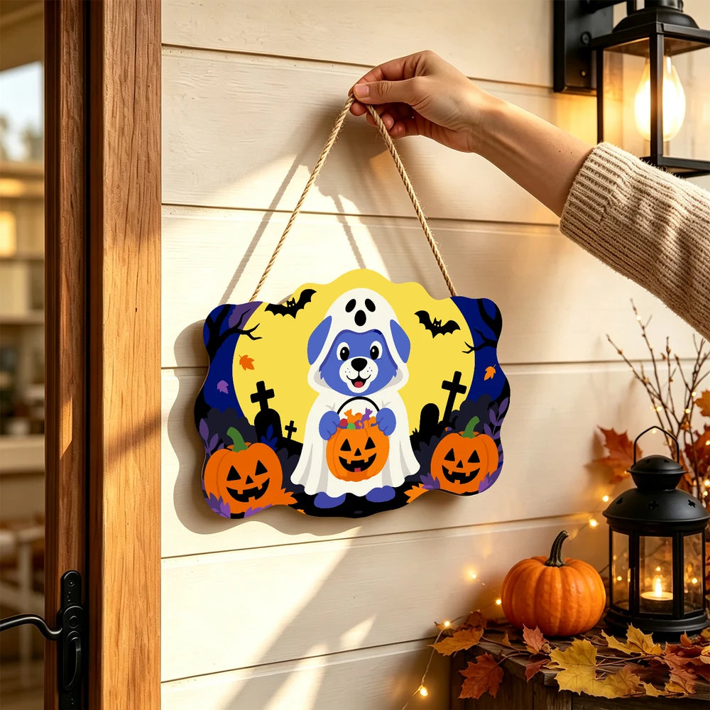 Paint by Numbers - Wooden Door Hanger | Ghost Puppy with a Candy Bucket