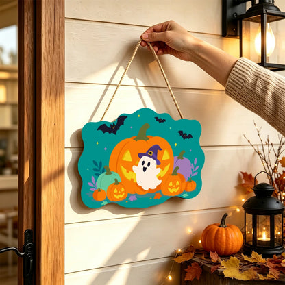 Paint by Numbers - Wooden Door Hanger | Ghost in a Witch Hat with Pumpkins