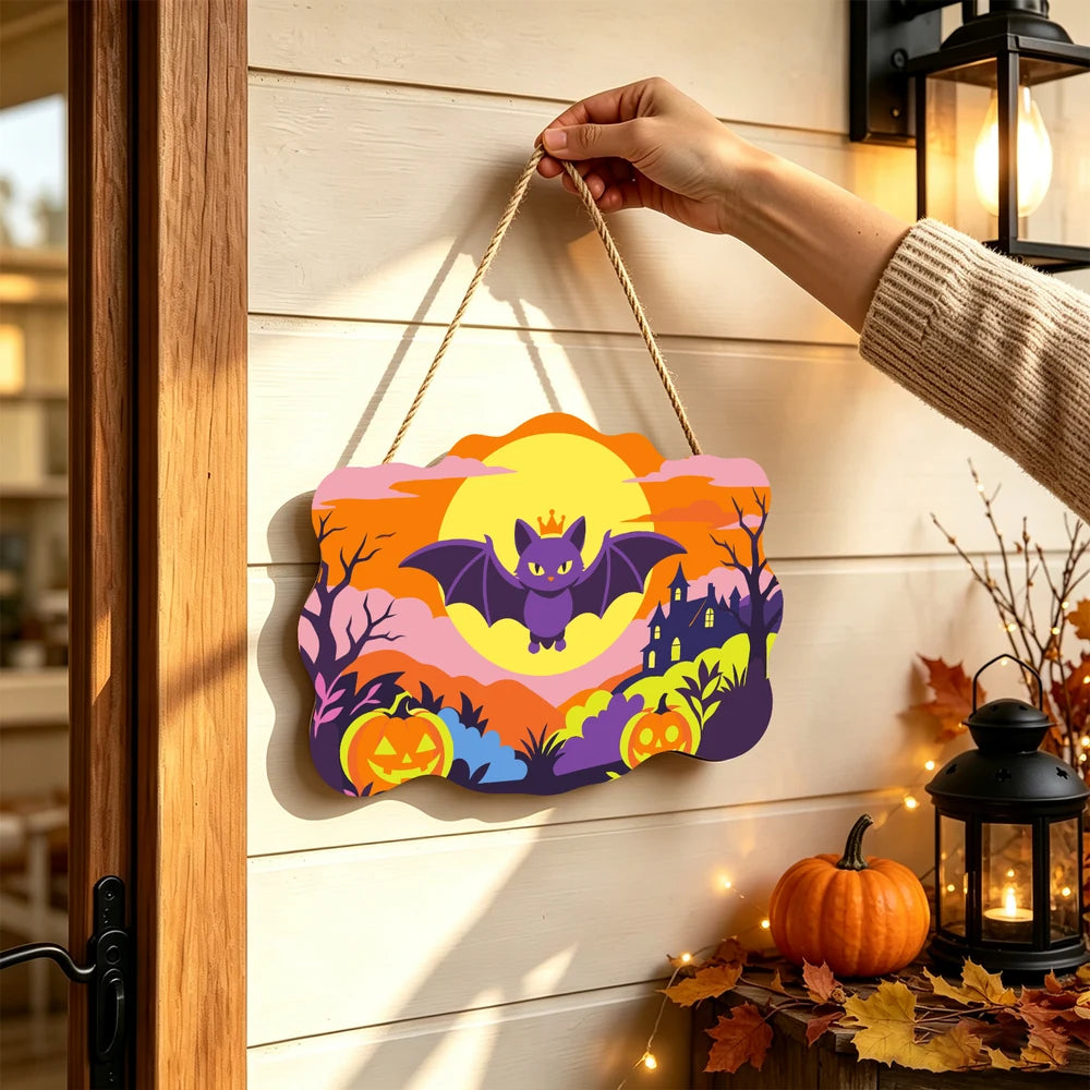 Paint by Numbers - Wooden Door Hanger | Happy Bat Over the Pumpkin Patch